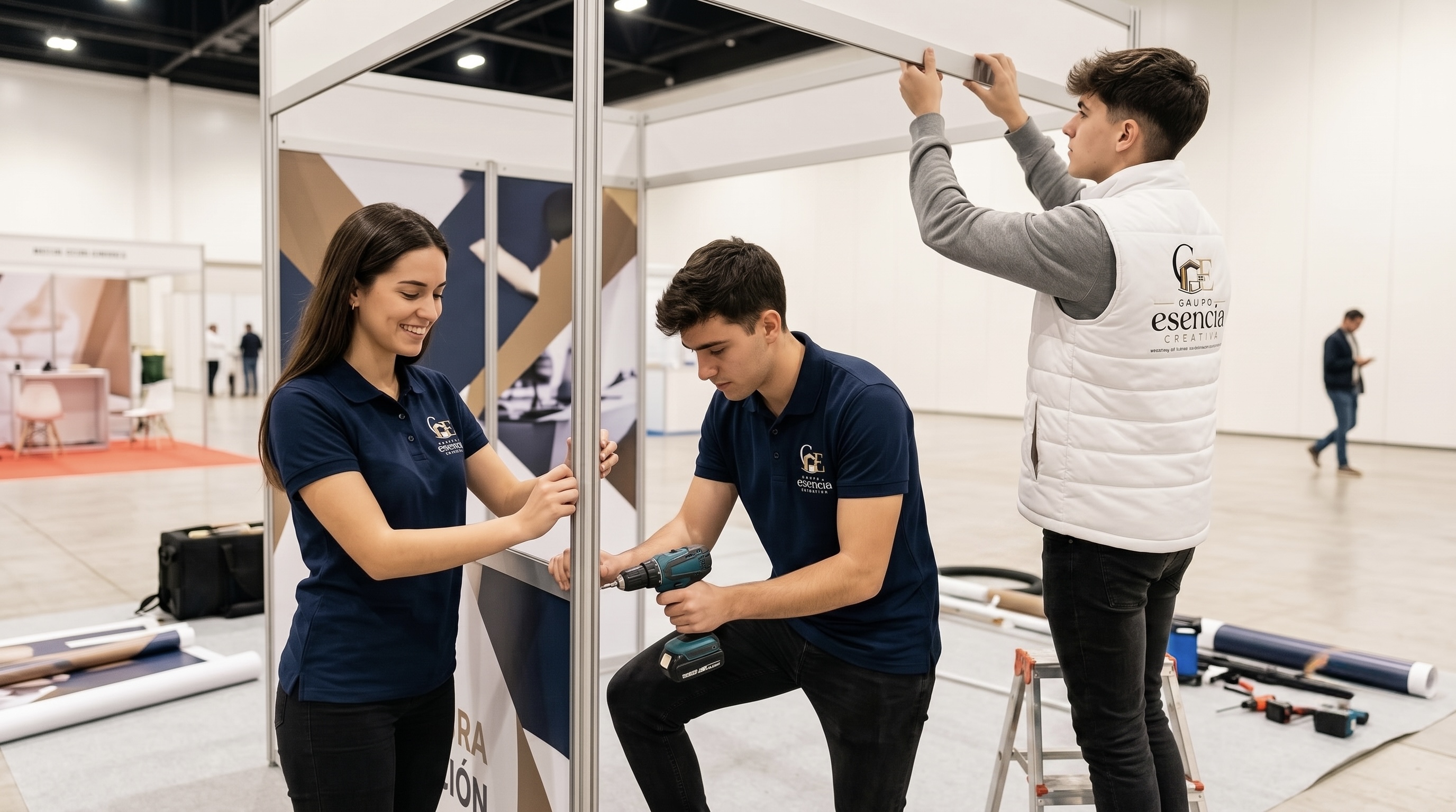 Presencia en expo: profesional con logo de Esencia Creativa